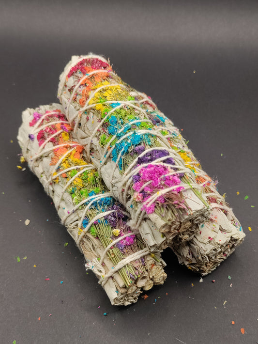 Energy Wheel Rainbow Floral White Sage 4" Smudge Sticks